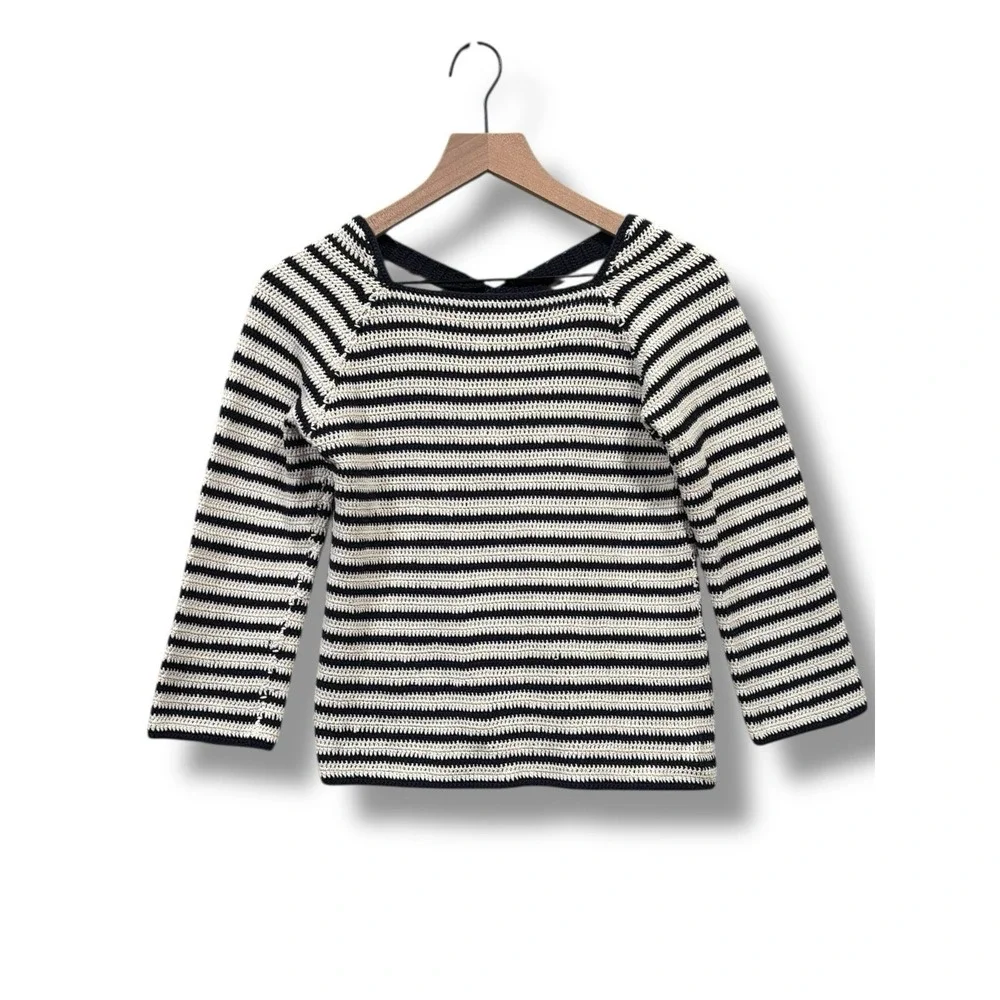 Anthropologie Lauren Moffatt XS Navy White Stripe Knit Sweater Cross Back Breton